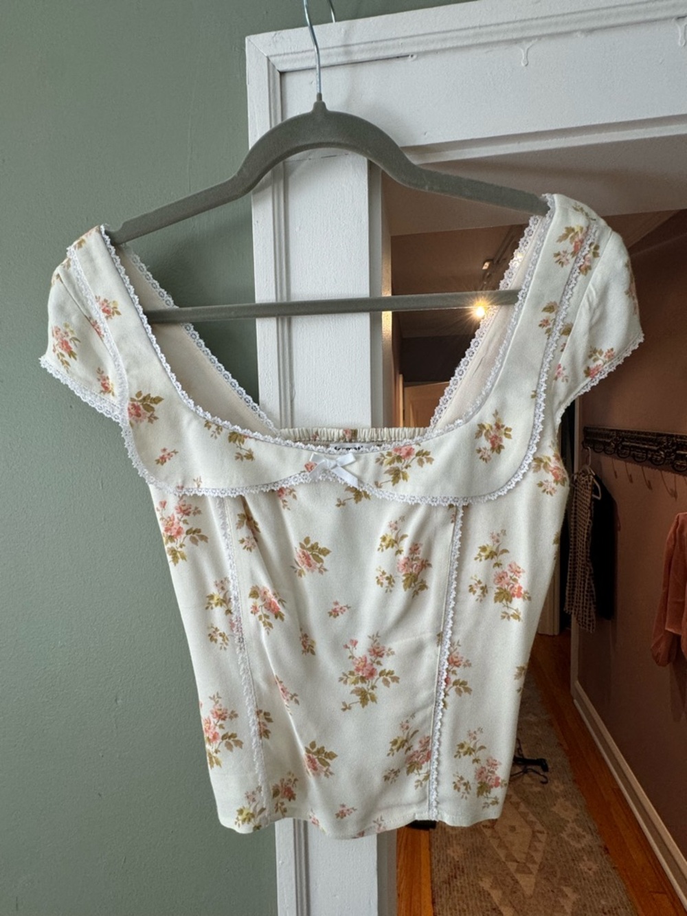 Reformation Floral Lace-Trim Square Neck Camisole Top - Cream with Pink Floral